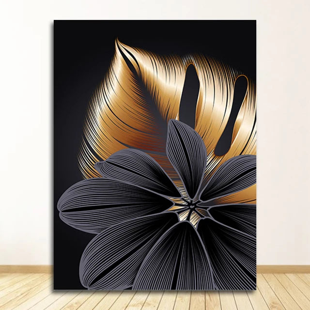 Black Golden Leaf Canvas Poster Print, Modern Abstract Wall Art