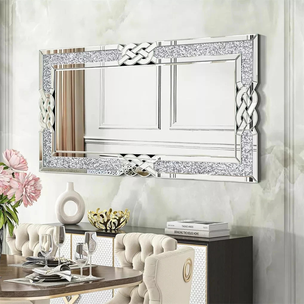Crushed Diamond Wall Mirror, Decorative Glam Crystal Frame Edge