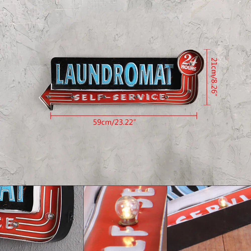 Vintage "LAUNDROMAT" Wrought Iron Sign With LED Light