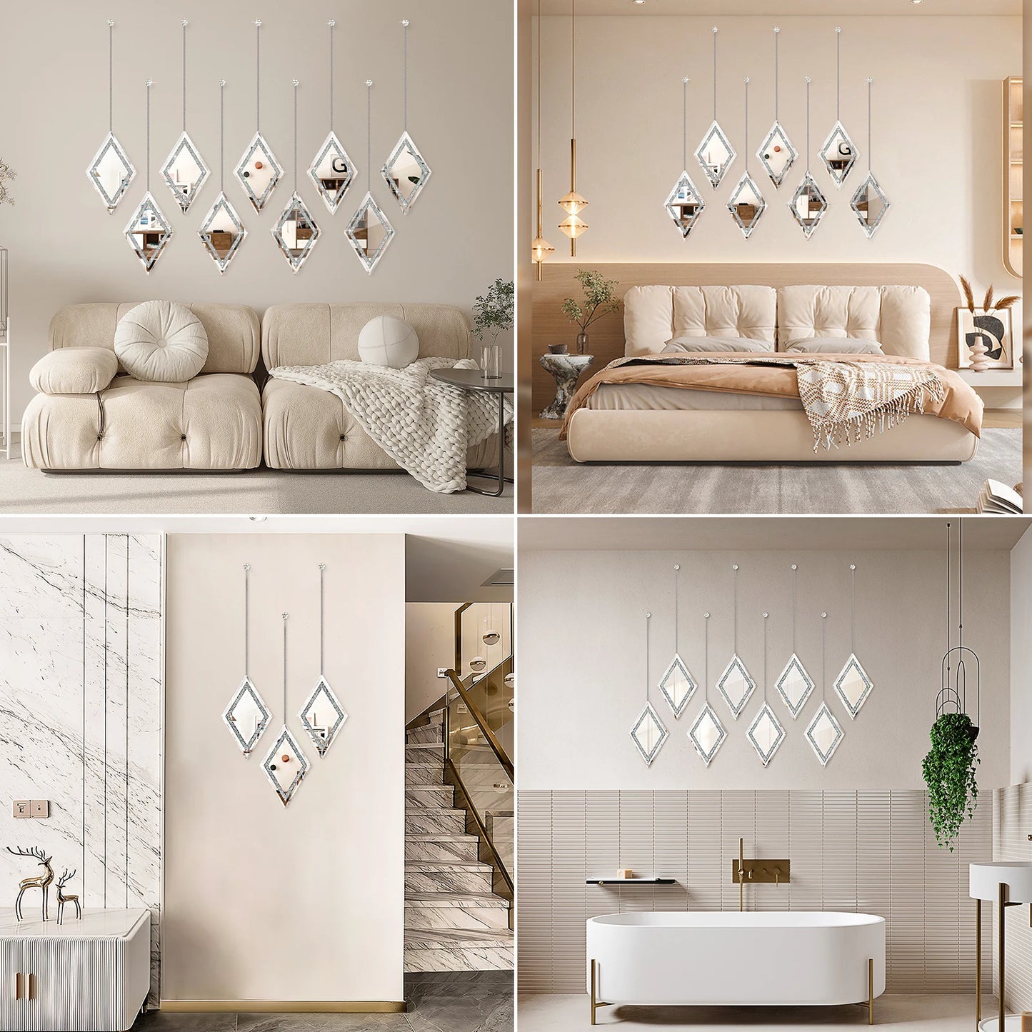Diamond Decorative Hanging Wall Mirror, Set of 6