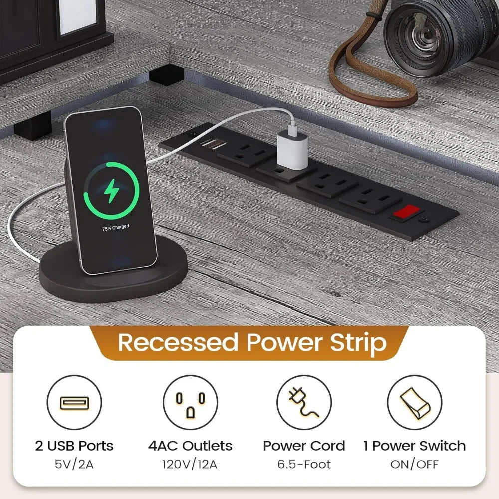 L Shaped Desk, Gaming Desk, 108" Office Desk, File Drawers, Power Outlet