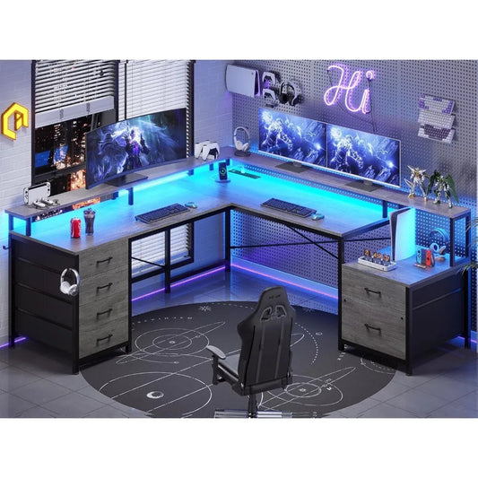 L Shaped Desk, Gaming Desk, 108" Office Desk, File Drawers, Power Outlet