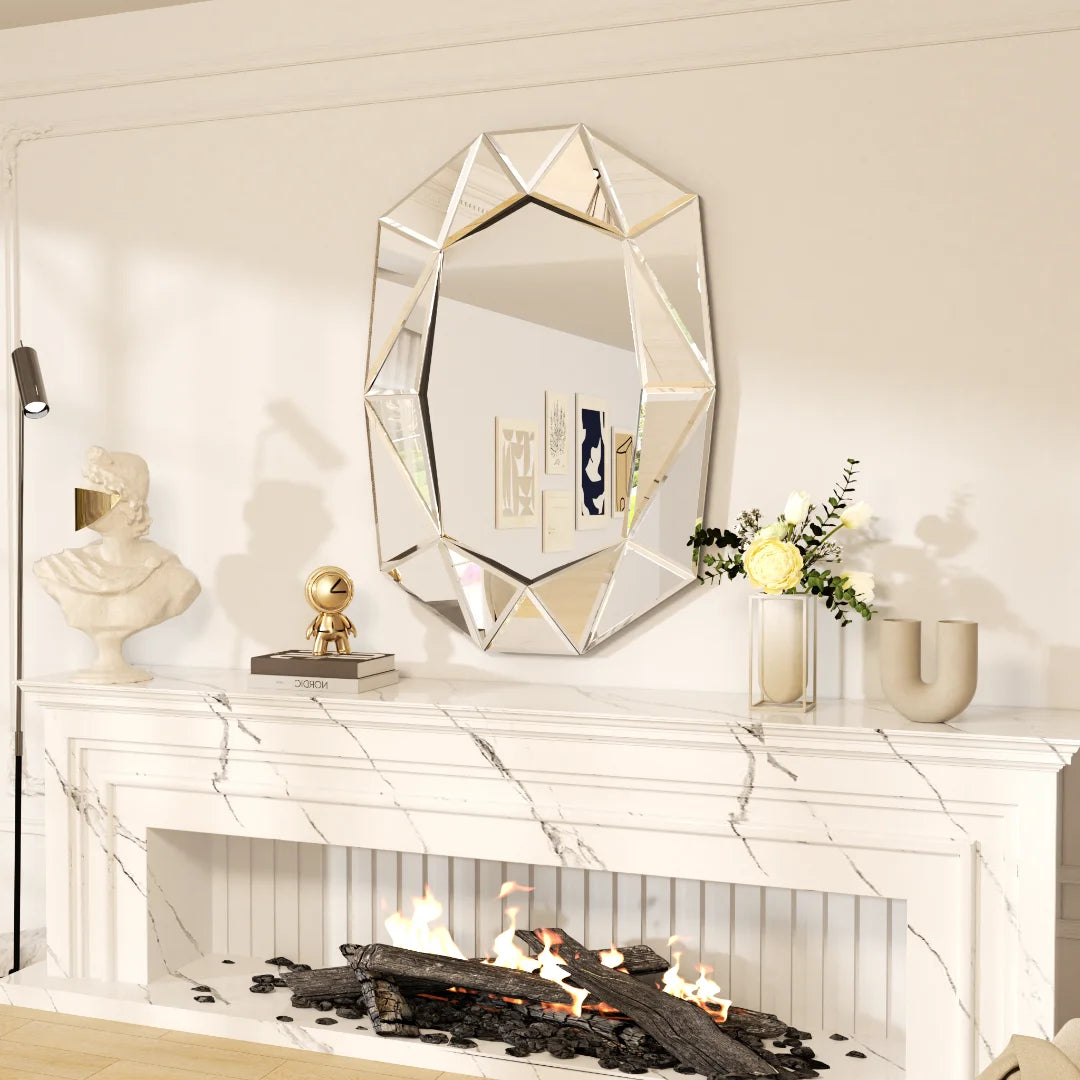 Asymmetrical Decorative Wall Mirror, Irregular Silver Glass Accent Mirror with Beveled Diamond Pieces
