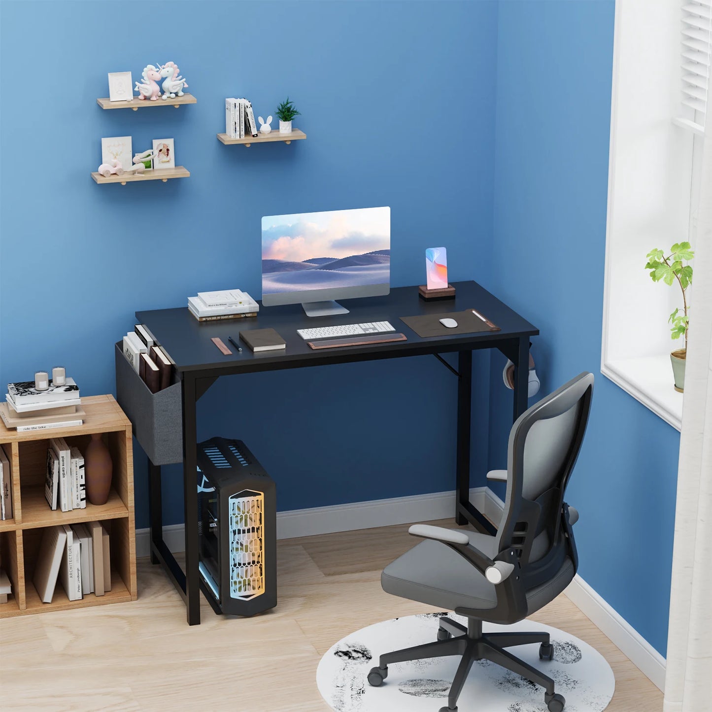 Computer Desk, Compact with Side Hook, Easy Assembly