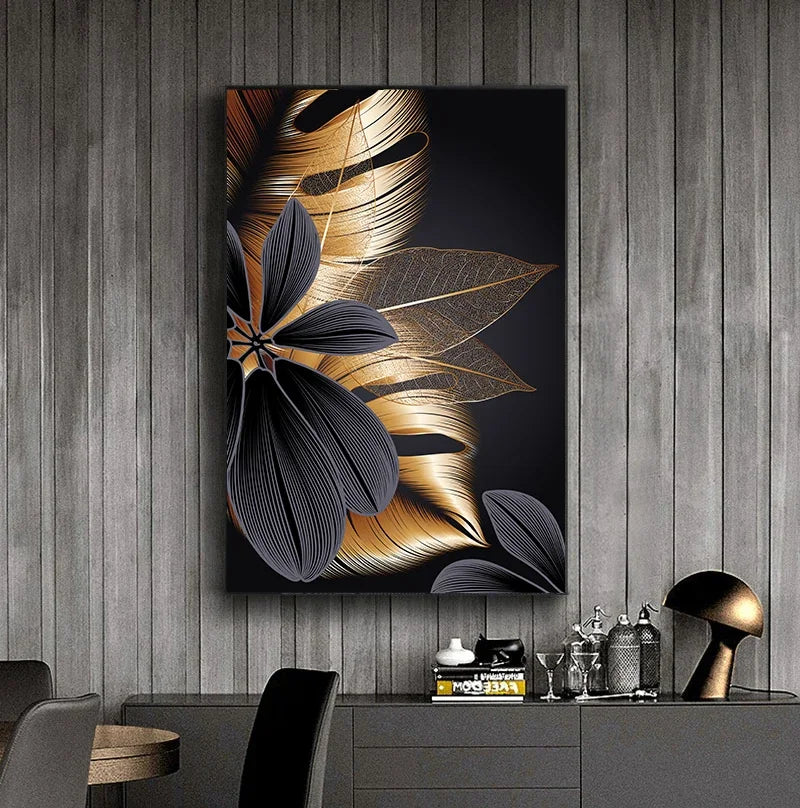 Black Golden Leaf Canvas Poster Print, Modern Abstract Wall Art