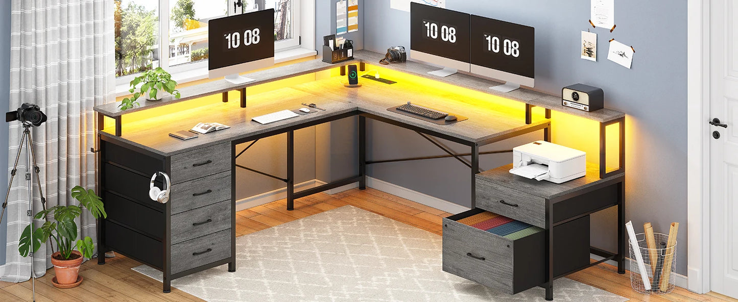 L Shaped Desk, Gaming Desk, 108" Office Desk, File Drawers, Power Outlet