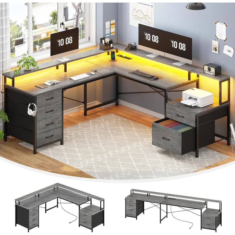 L Shaped Desk, Gaming Desk, 108" Office Desk, File Drawers, Power Outlet