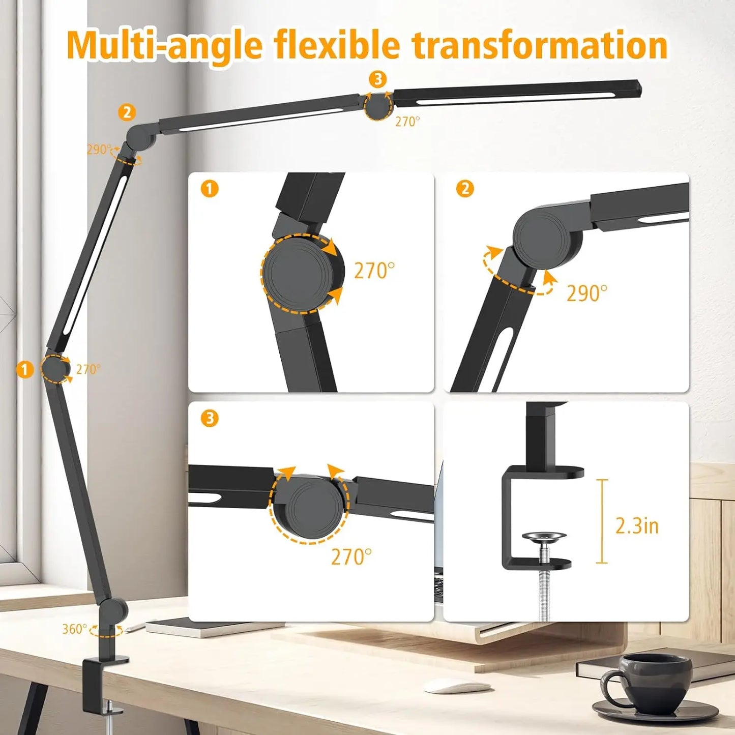 LED Desk Lamp with Clip, Multi-Angle, Flexible