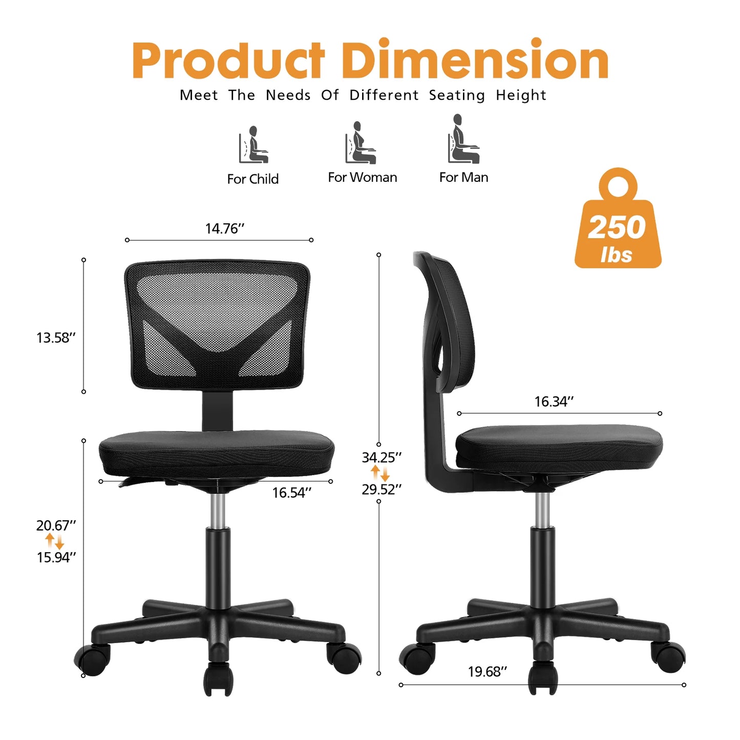 Lumbar Support Armless Office Chair Low Back