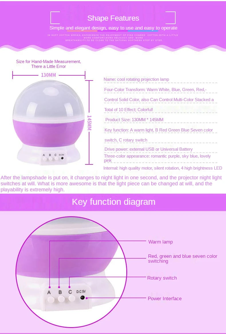 LED Rotating Night Light Projector Starry Sky, Purple