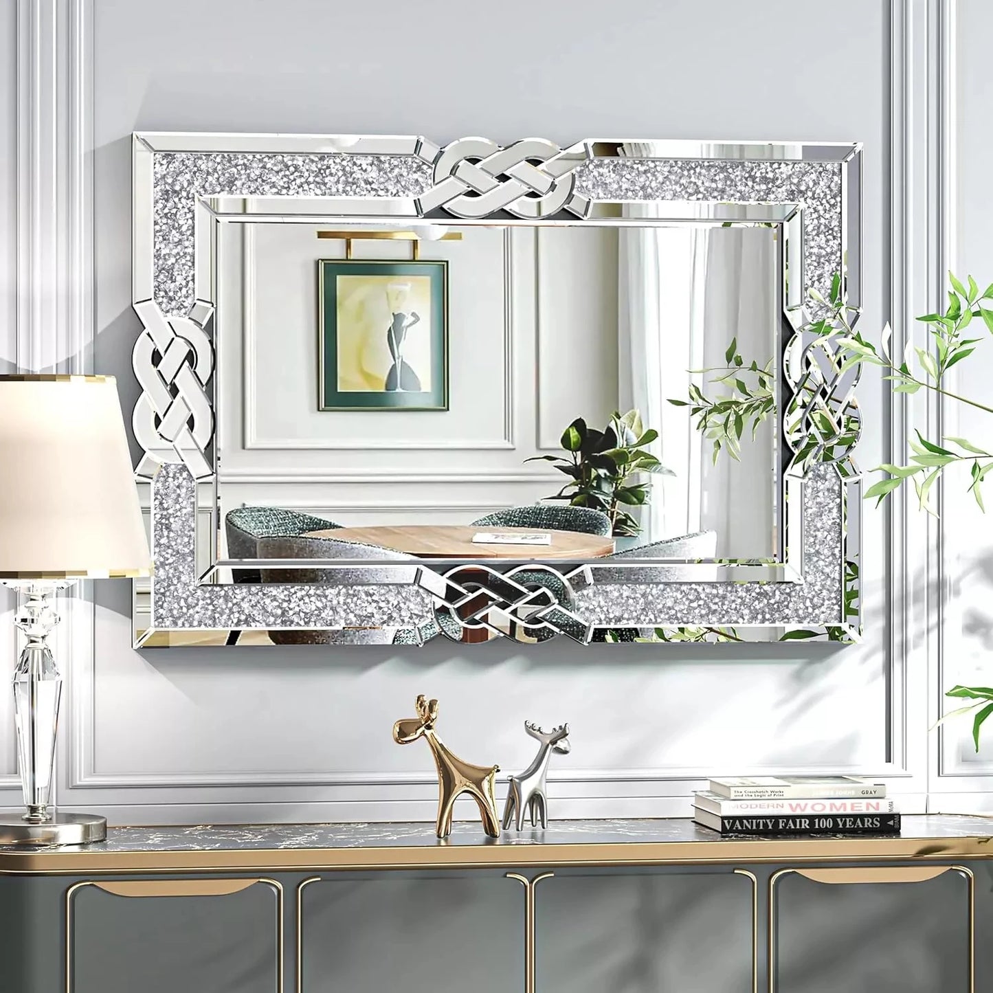 Crushed Diamond Wall Mirror, Decorative Glam Crystal Frame Edge