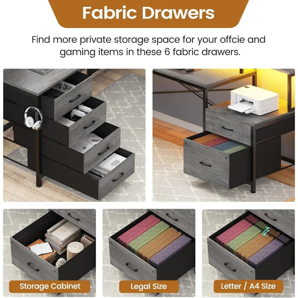 L Shaped Desk, Gaming Desk, 108" Office Desk, File Drawers, Power Outlet