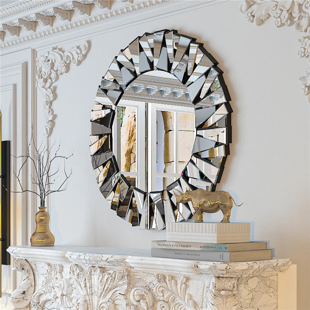 Unique Sunburst Decorative Wall Mirror, Round, Silver Beveled Glass