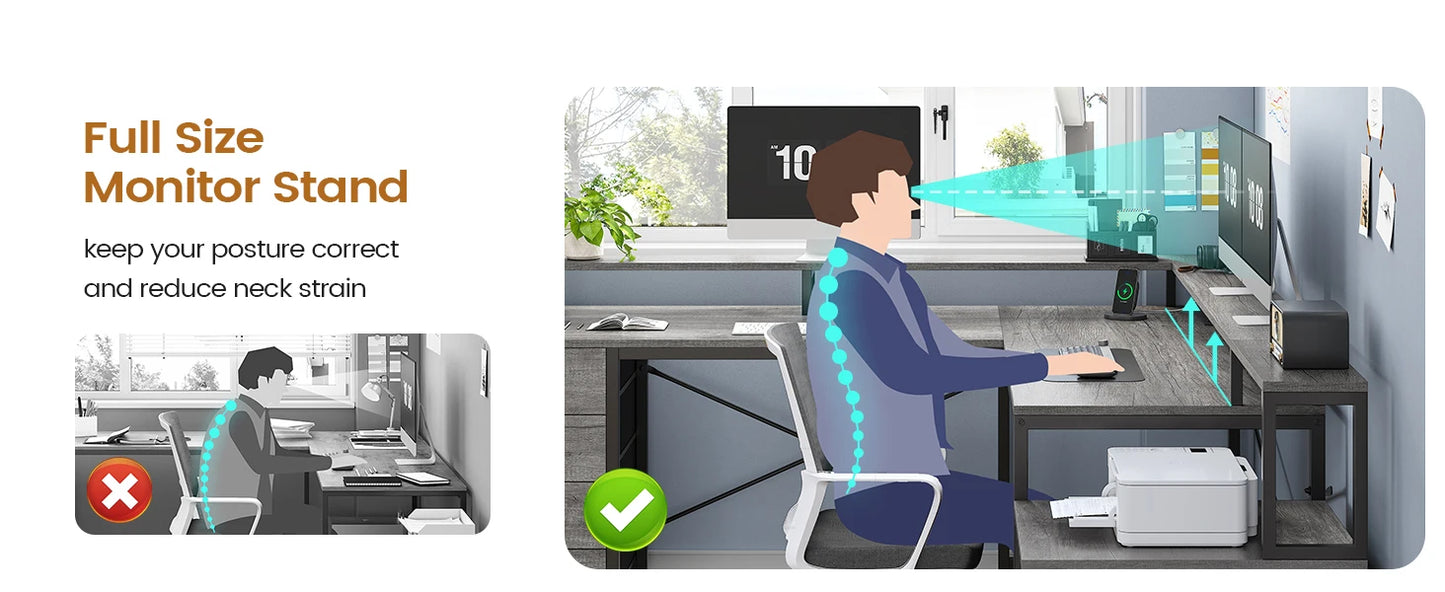 L Shaped Desk, Gaming Desk, 108" Office Desk, File Drawers, Power Outlet