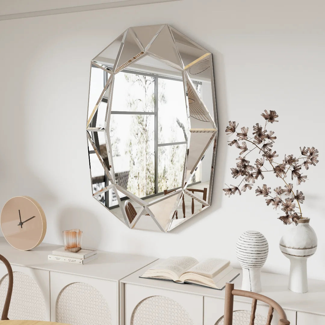 Asymmetrical Decorative Wall Mirror, Irregular Silver Glass Accent Mirror with Beveled Diamond Pieces