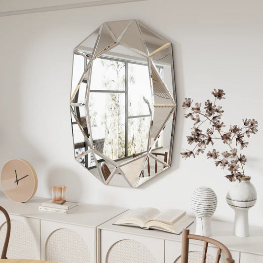 Asymmetrical Decorative Wall Mirror, Irregular Silver Glass Accent Mirror with Beveled Diamond Pieces