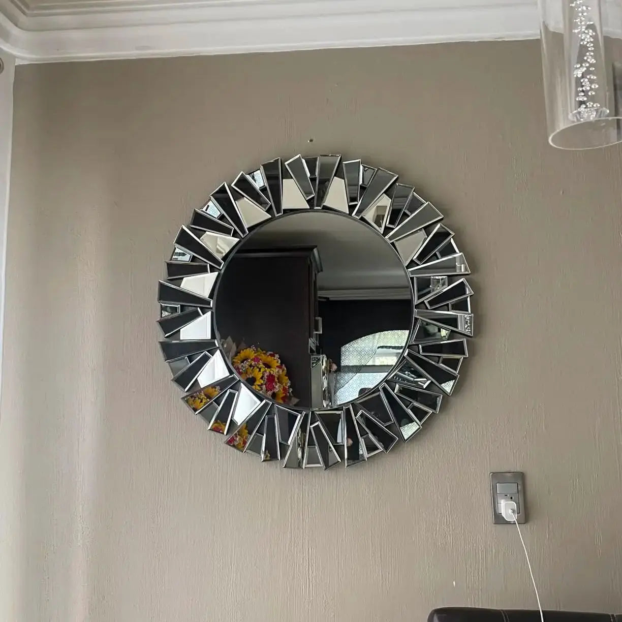 Unique Sunburst Decorative Wall Mirror, Round, Silver Beveled Glass