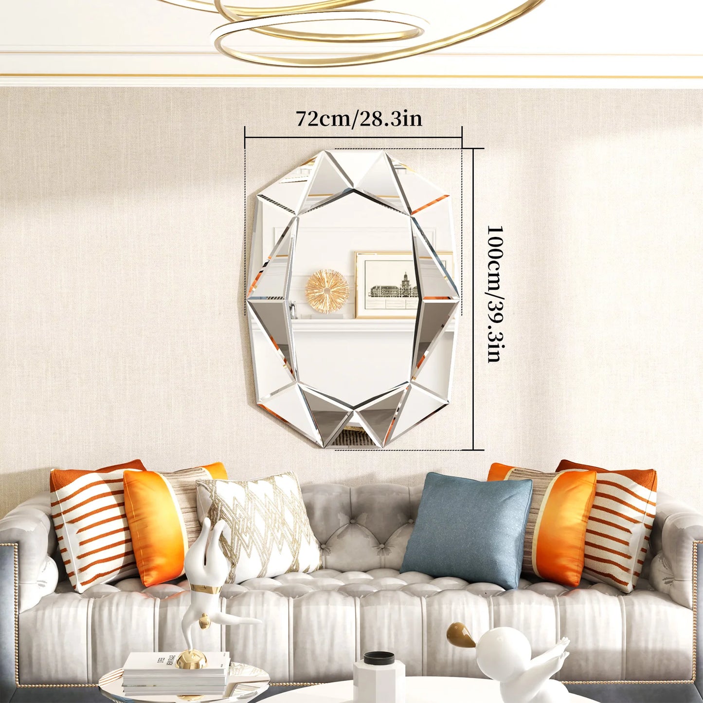 Asymmetrical Decorative Wall Mirror, Irregular Silver Glass Accent Mirror with Beveled Diamond Pieces