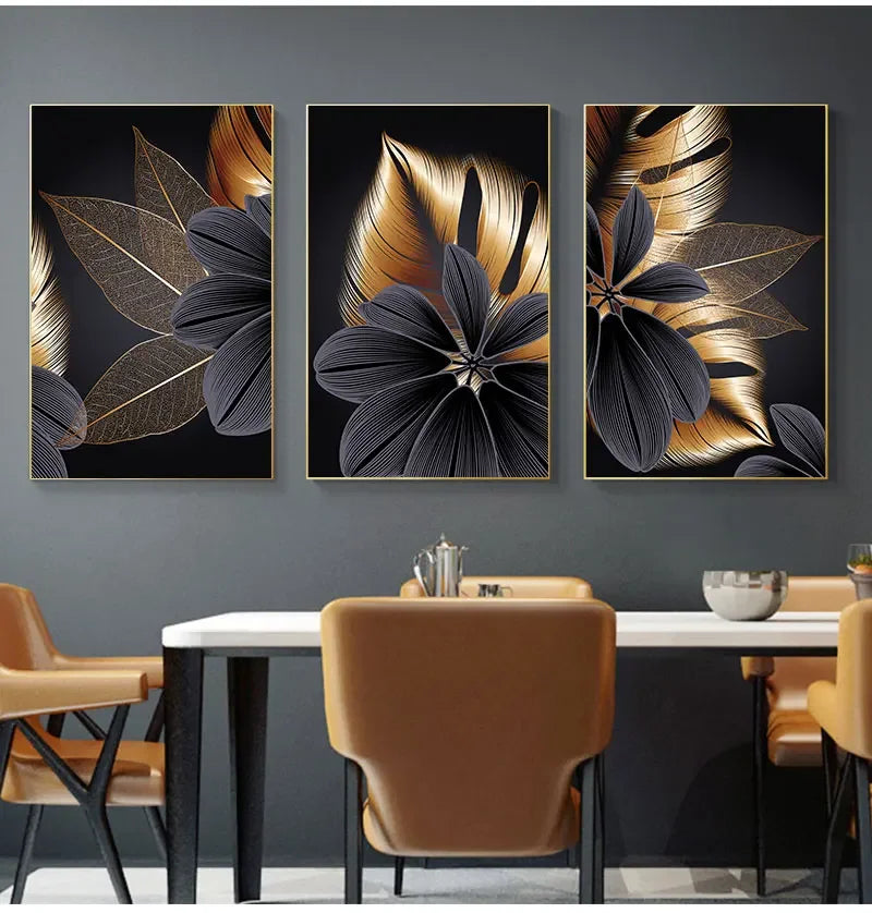 Black Golden Leaf Canvas Poster Print, Modern Abstract Wall Art
