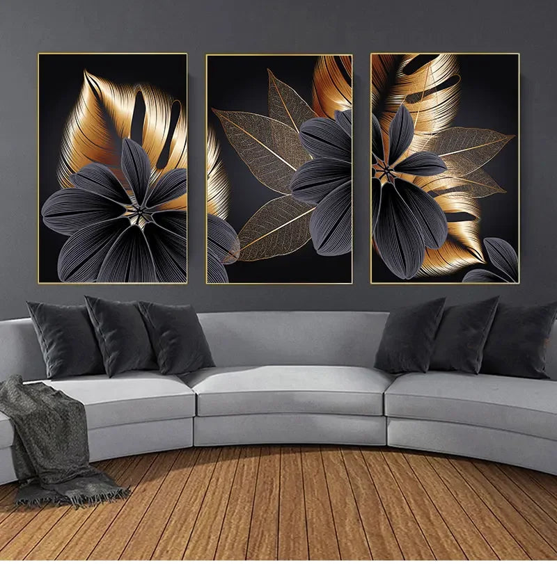 Black Golden Leaf Canvas Poster Print, Modern Abstract Wall Art