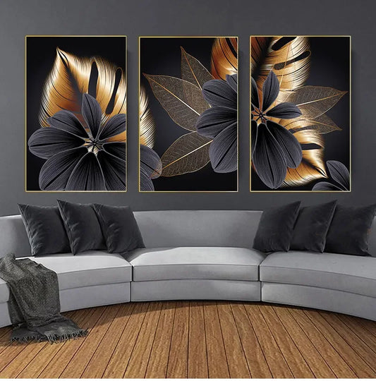 Black Golden Leaf Canvas Poster Print, Modern Abstract Wall Art