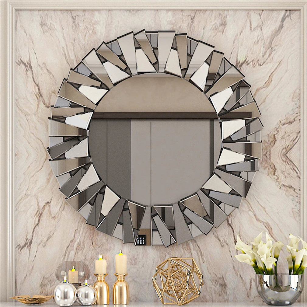 Unique Sunburst Decorative Wall Mirror, Round, Silver Beveled Glass