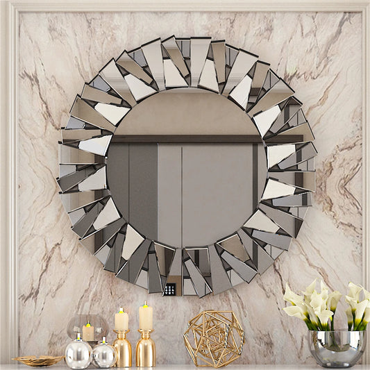 Unique Sunburst Decorative Wall Mirror, Round, Silver Beveled Glass
