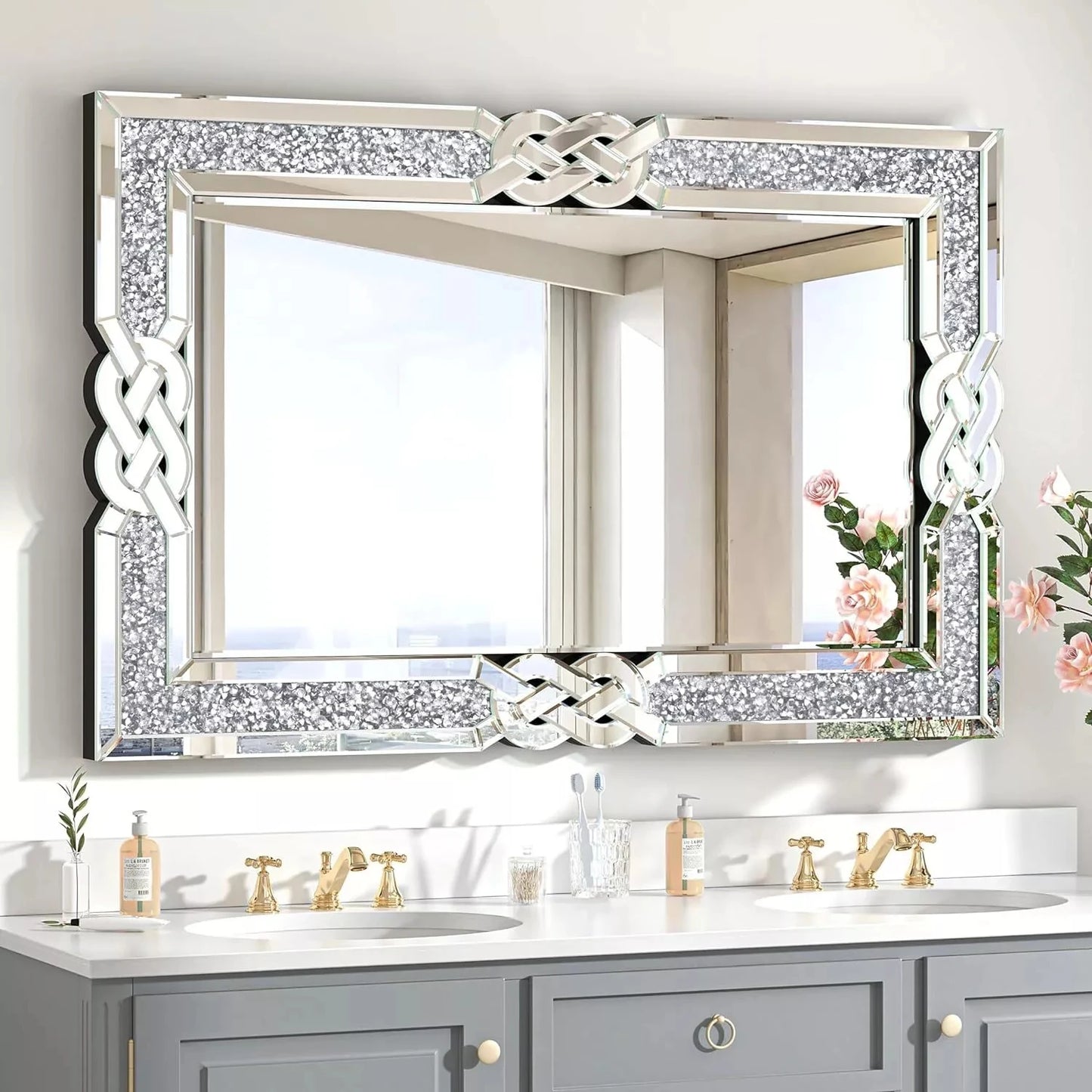 Crushed Diamond Wall Mirror, Decorative Glam Crystal Frame Edge