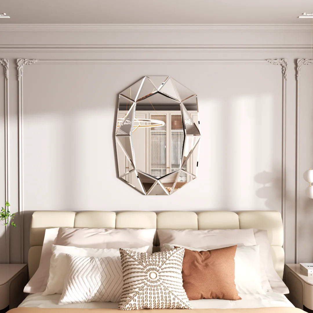 Asymmetrical Decorative Wall Mirror, Irregular Silver Glass Accent Mirror with Beveled Diamond Pieces