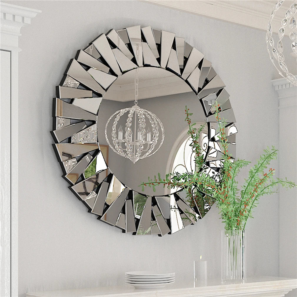 Unique Sunburst Decorative Wall Mirror, Round, Silver Beveled Glass