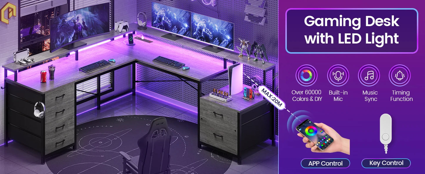 L Shaped Desk, Gaming Desk, 108" Office Desk, File Drawers, Power Outlet