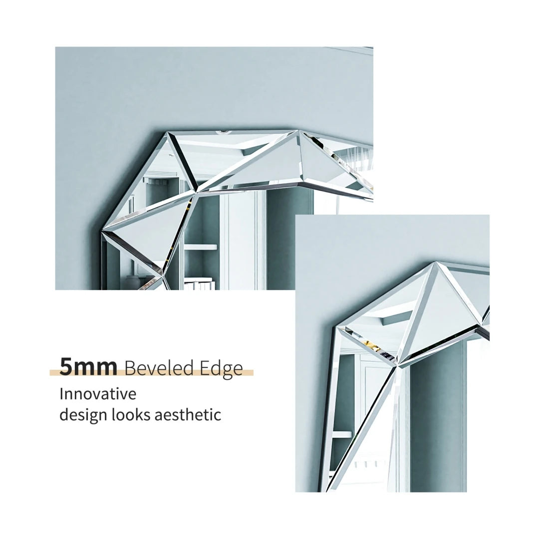 Asymmetrical Decorative Wall Mirror, Irregular Silver Glass Accent Mirror with Beveled Diamond Pieces