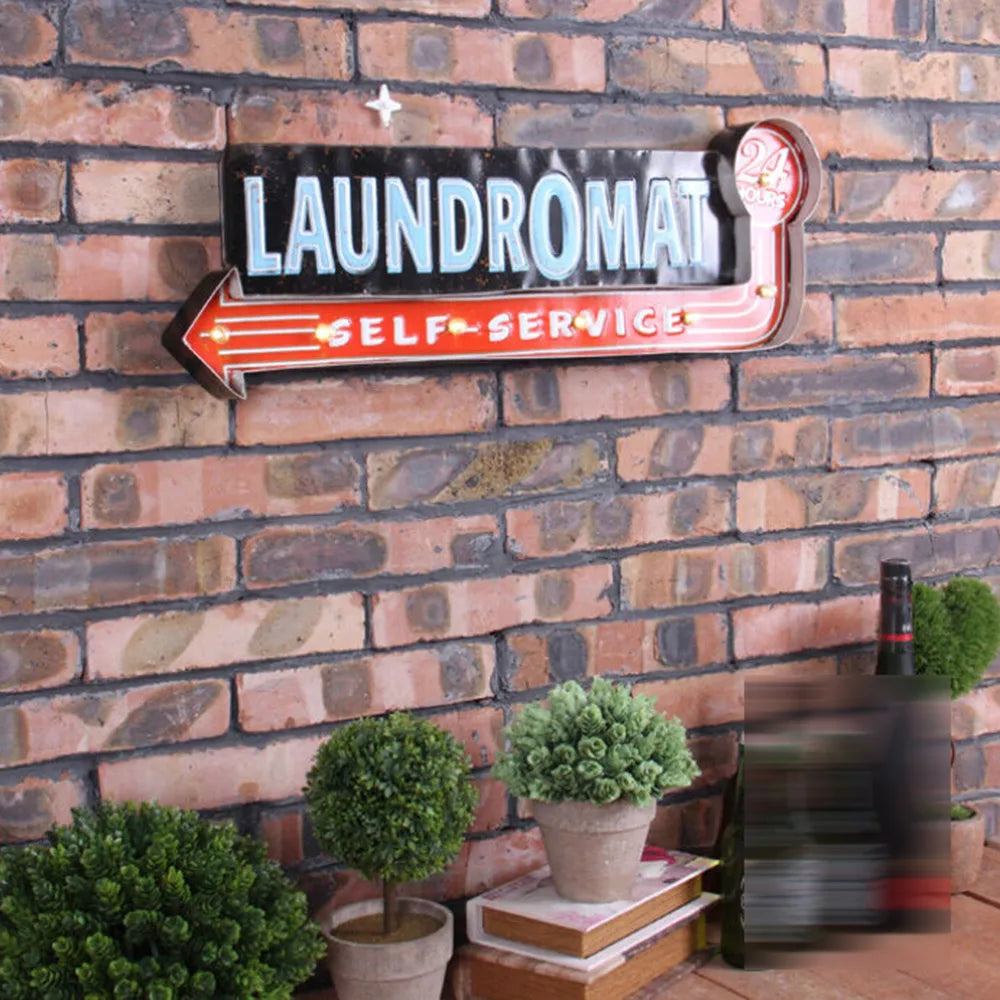 Vintage "LAUNDROMAT" Wrought Iron Sign With LED Light