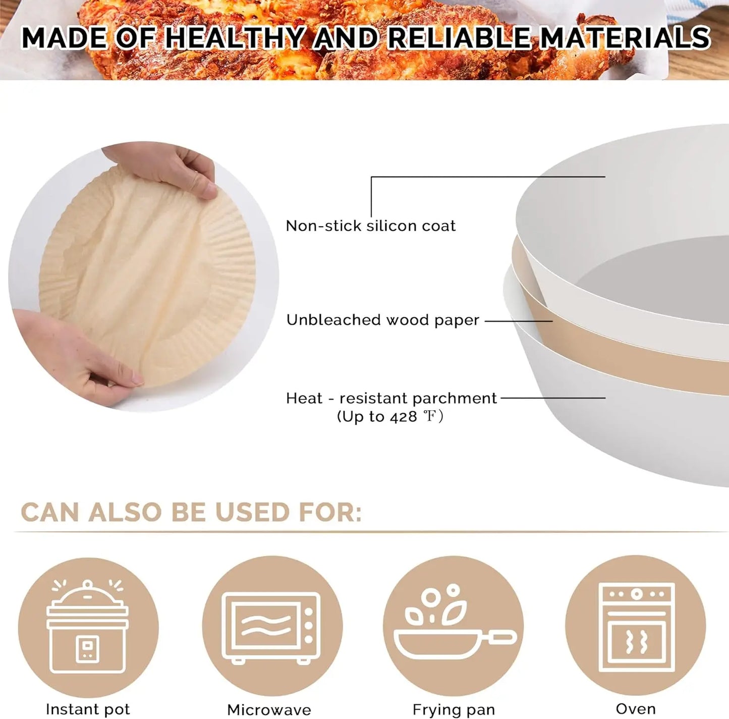 50PCS Round Paper Baking Liners, 7.8 inch, Multipurpose, Oil-absorbing
