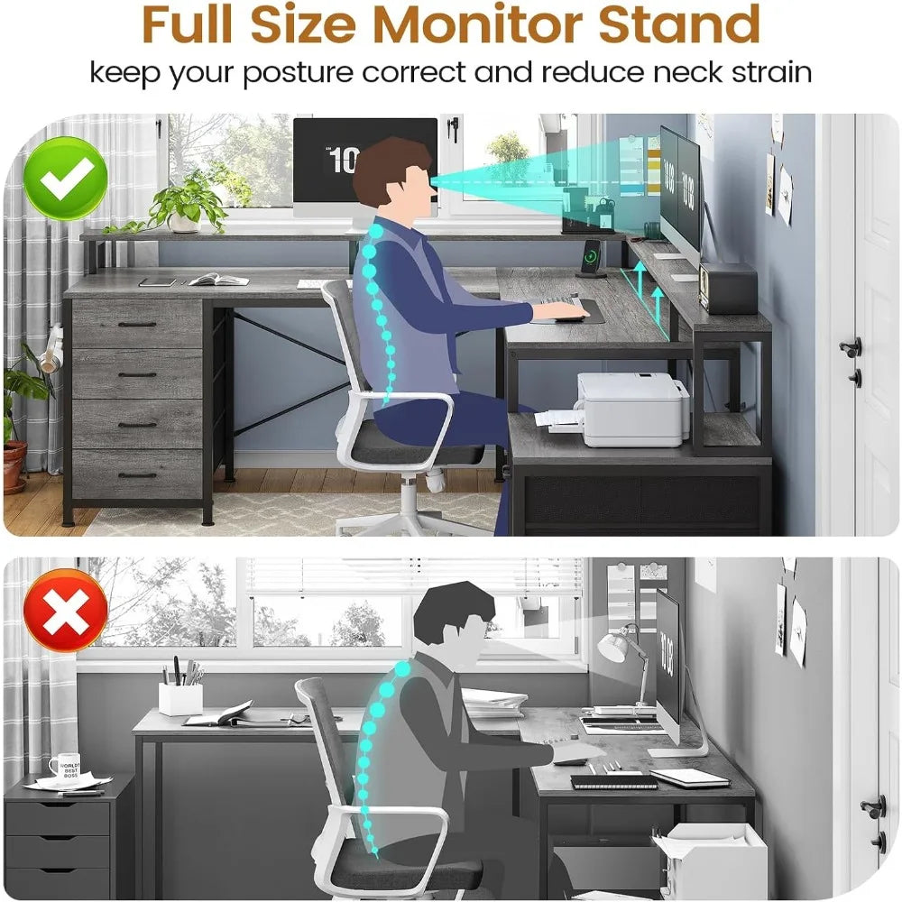 L Shaped Desk, Gaming Desk, 108" Office Desk, File Drawers, Power Outlet