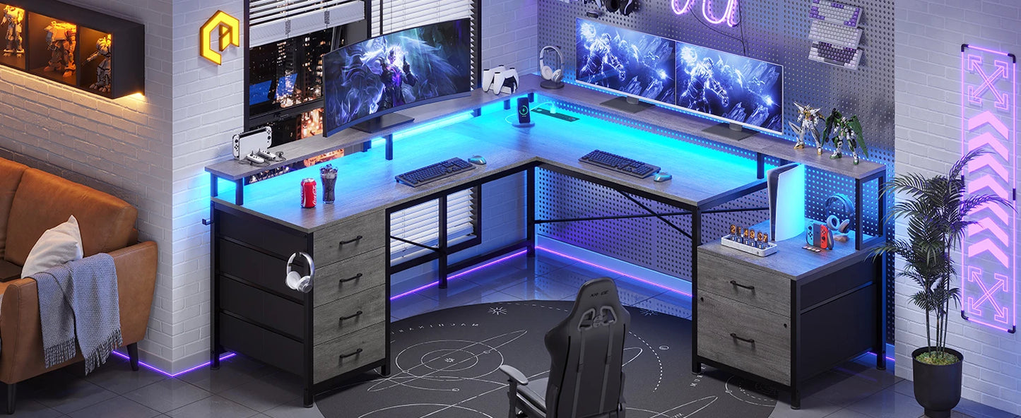 L Shaped Desk, Gaming Desk, 108" Office Desk, File Drawers, Power Outlet