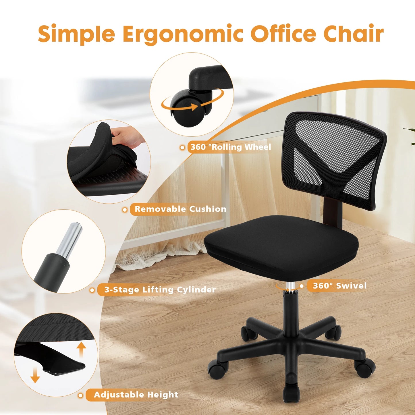 Lumbar Support Armless Office Chair Low Back