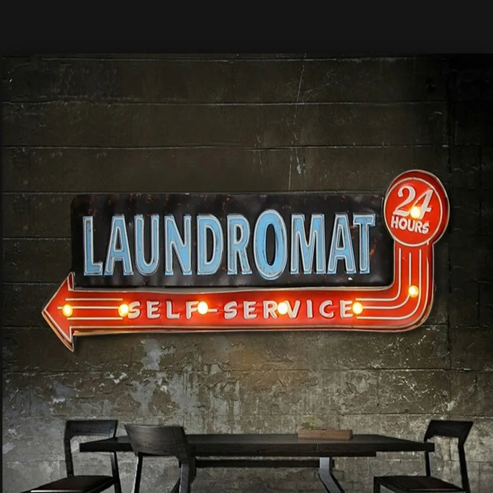 Vintage "LAUNDROMAT" Wrought Iron Sign With LED Light